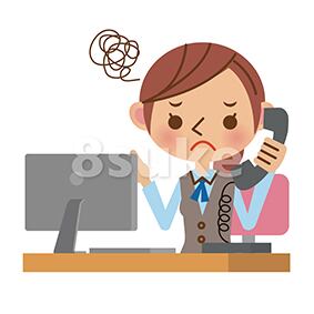 イラスト素材:困った表情で電話対応をするOL・事務職の女性(ベクター・JPG)