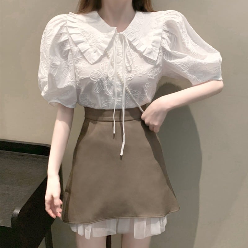 スリーブシャツ ハイウェストウェストブラックメッシュAラインスカート ステッチ ハンチェンe22359112542