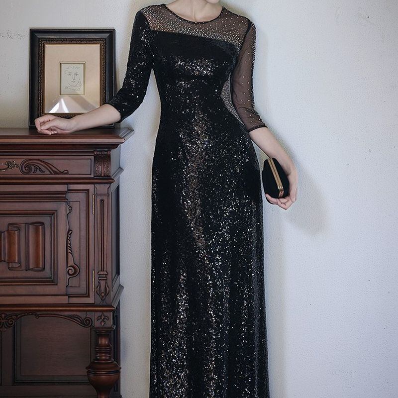 スパンコール七分袖スレンダードレス D1742