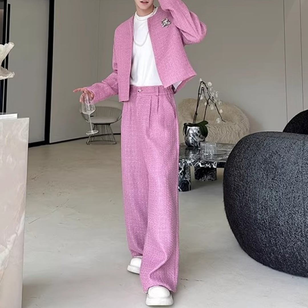 ノーカラーショートジャケット&ハイウエストワイドパンツ セットアップ