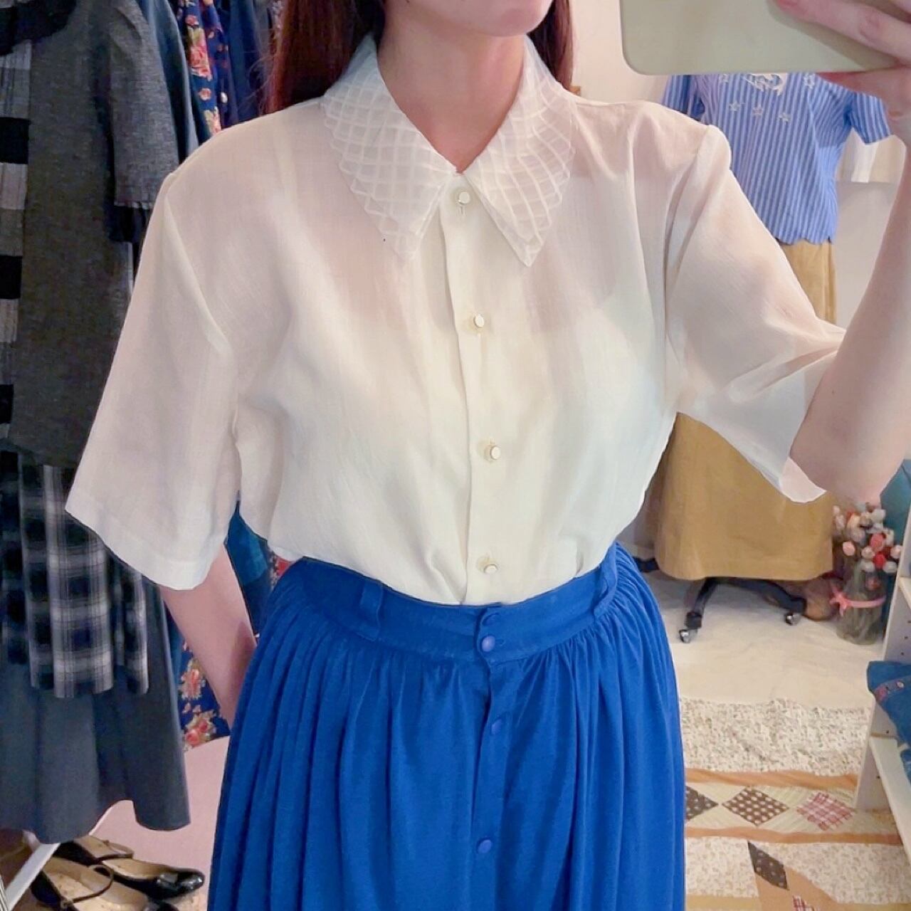 sheer plaid collar white blouse