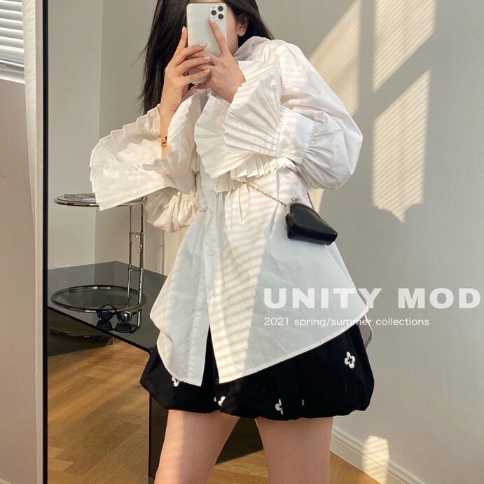 シャツ スタンダードカラー長袖スリーブホワイトトップス レディース ロング レトロ プリーツ ビッグFスモールZ韓国41212413055