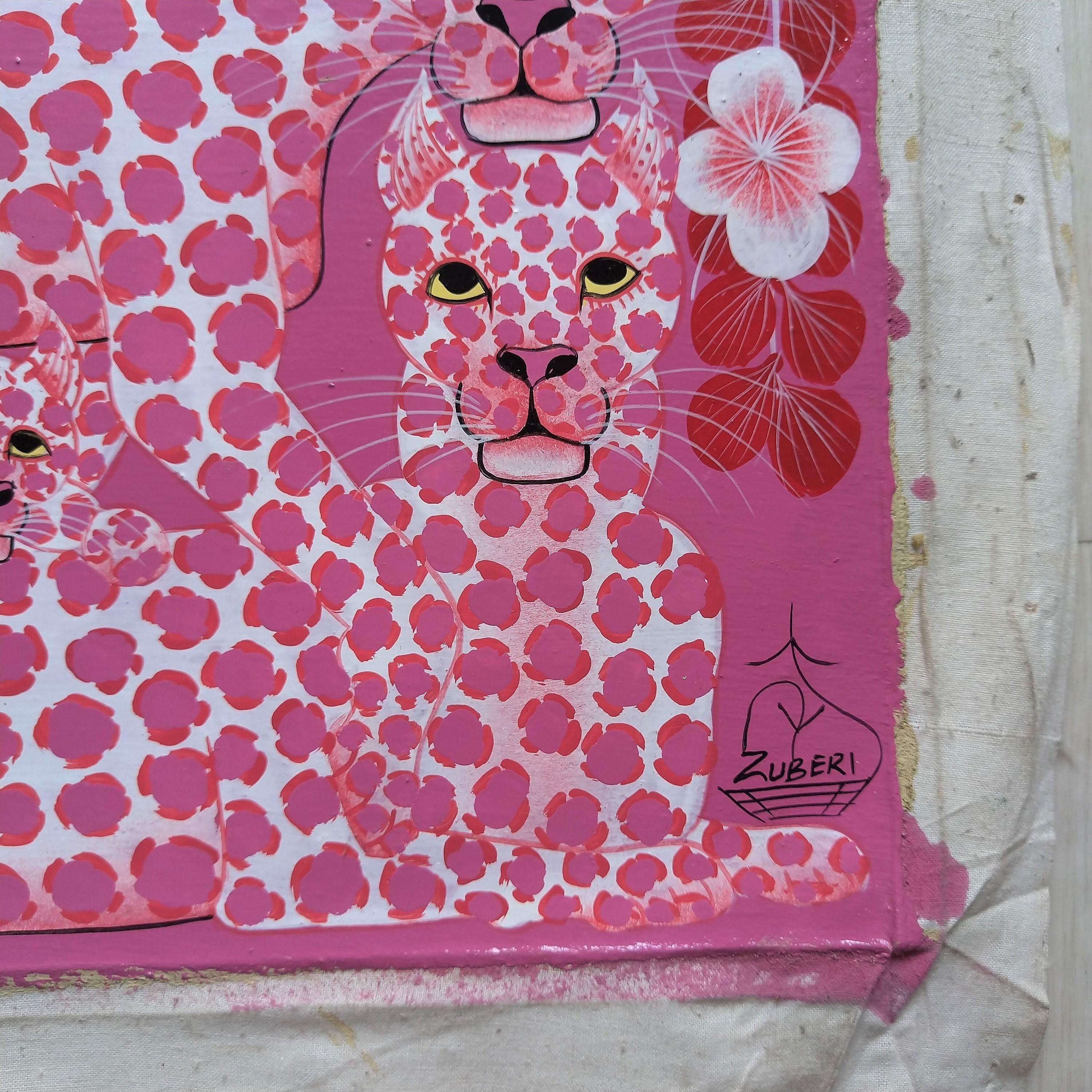 Pink Leopard family 4 』Medium-Tingatinga by Zuberi 30*40cm | Duka