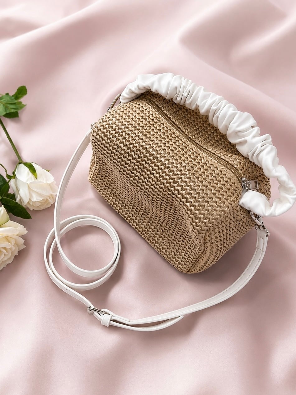 【LAST3】leather handle straw bag