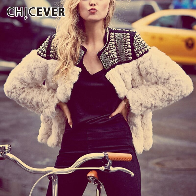 CHICEVERパッチワークフリースコート女性Oネックリベット長袖ストリートウェア白衣2020冬 ロング ホワイト ウィンター 冬物 6base556491033319