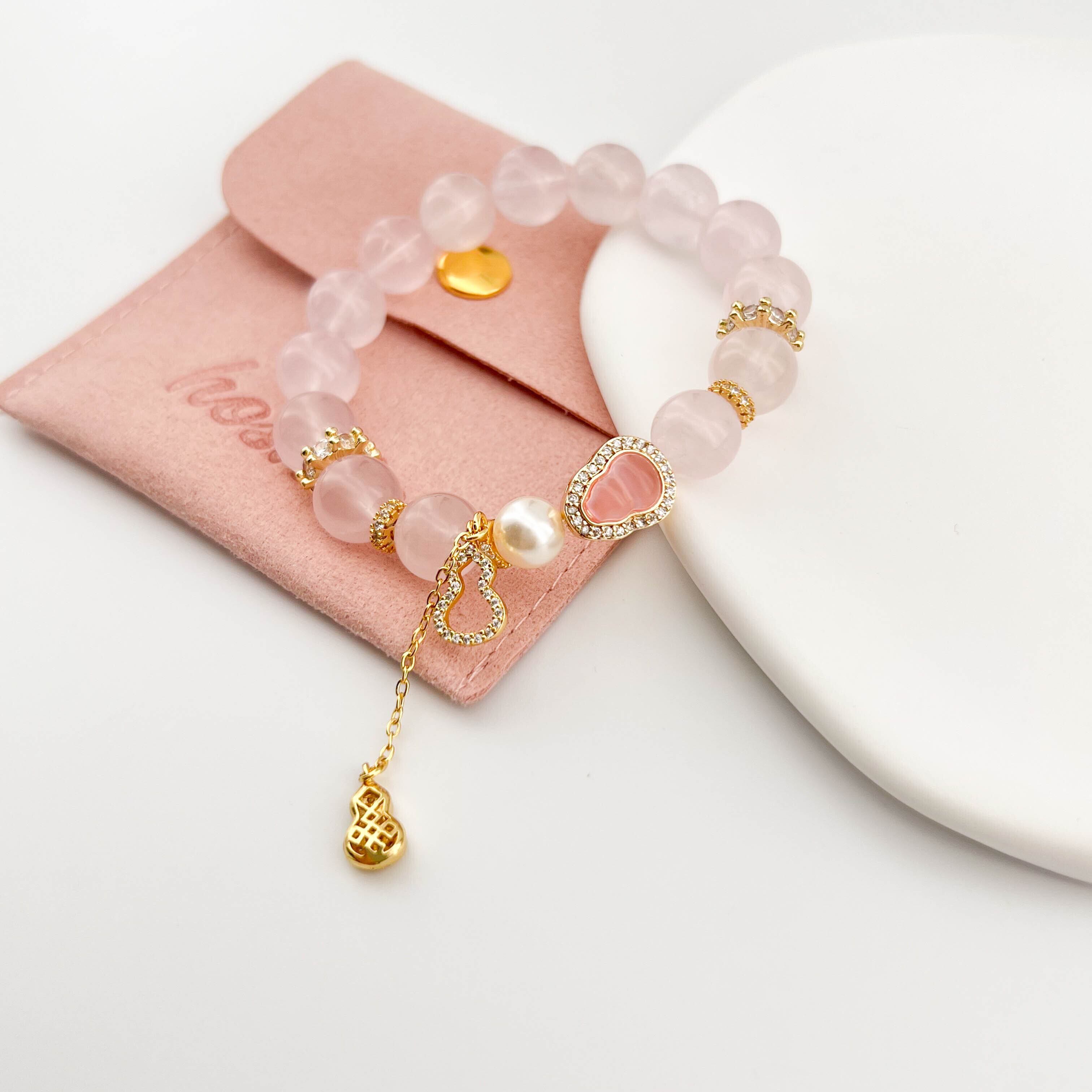 ローズクォーツ×スワロフスキーパール タッセルブレスレット