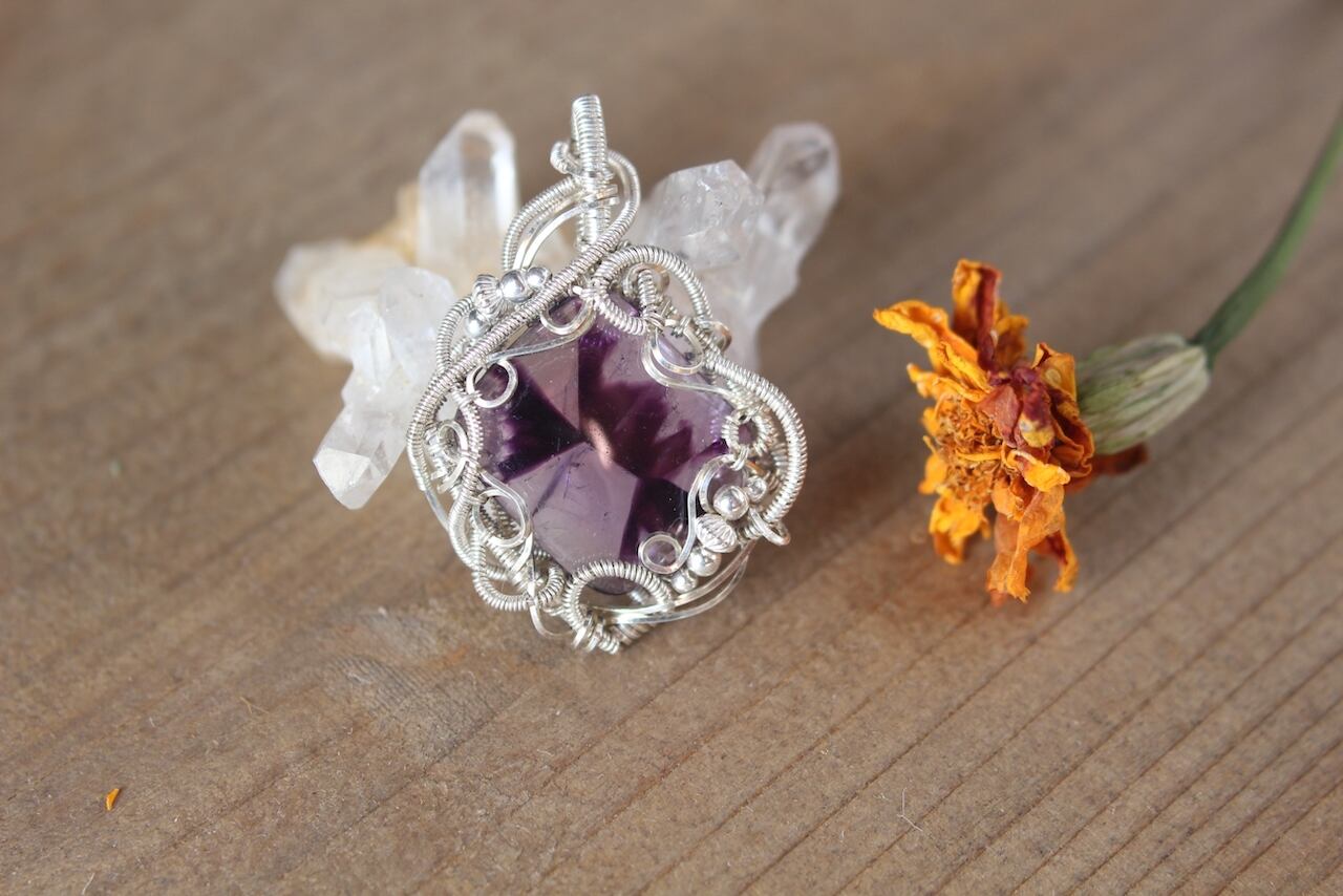 Trapiche amethyst  silver925 wirewrapping pendant
