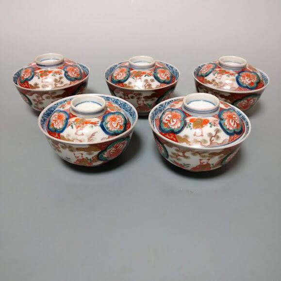 伊万里色絵金彩 窓絵 唐子 蓋碗 蓋茶碗 アンティーク 生活骨董 吉祥