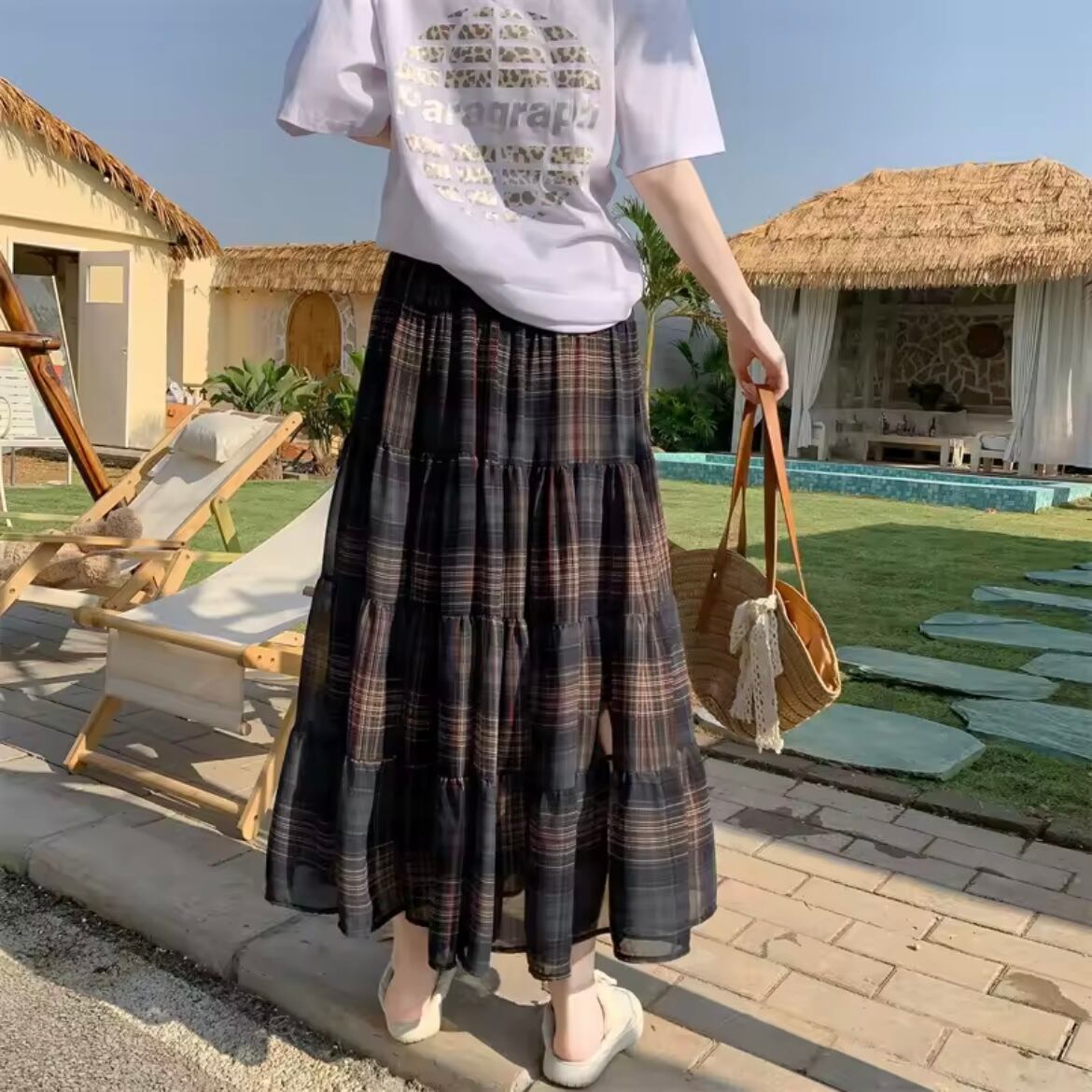 brown check chiffon skirt