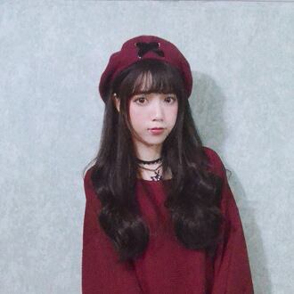 ベロアリボン レースアップ ベレー帽 編み上げ ベルベット ワインレッド×ブラックリボン