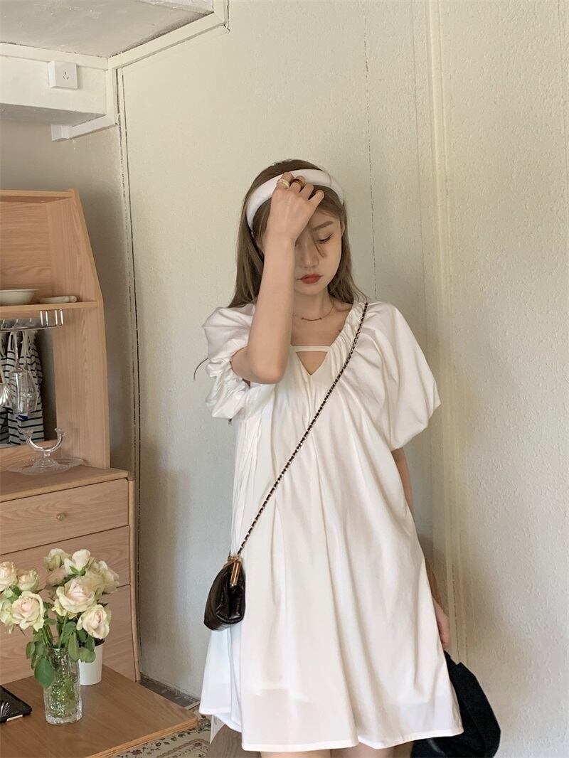 ルーズ薄手ドレス サマーホワイトVネックスカート 大人ガーリー スウィート キュート カジュアル 夏物 モンロー16851952905