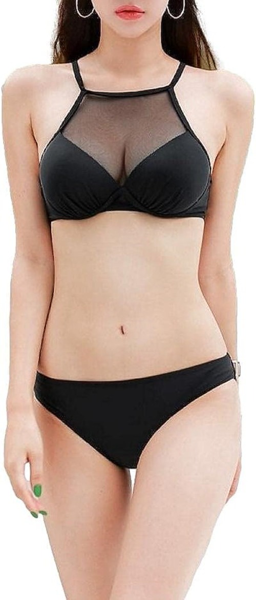 レディース 水着 ビキニ ２点セット シースルー セクシー水着 女性水着 セパレーツ 透け感 上下セット タンキニ スイムドレス ビーチウェア ブラック水着 単色水着 ック ワイヤー入り メッシ