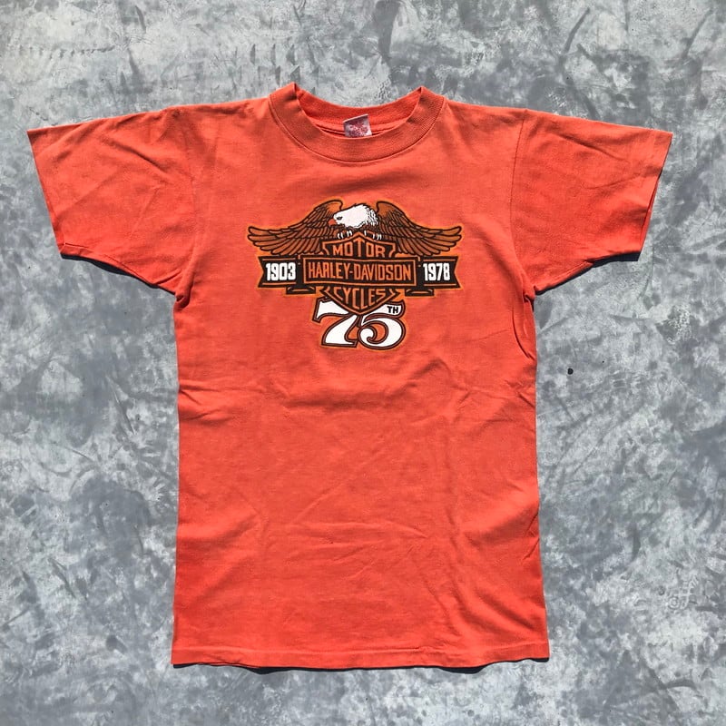 70’s HARLEY DAVIDSON Tシャツ イーグル Collegiate Pacificボディ オレンジ ヴィンテージ 75周年 希少  Sサイズ USA | agito vintage powered by BASE