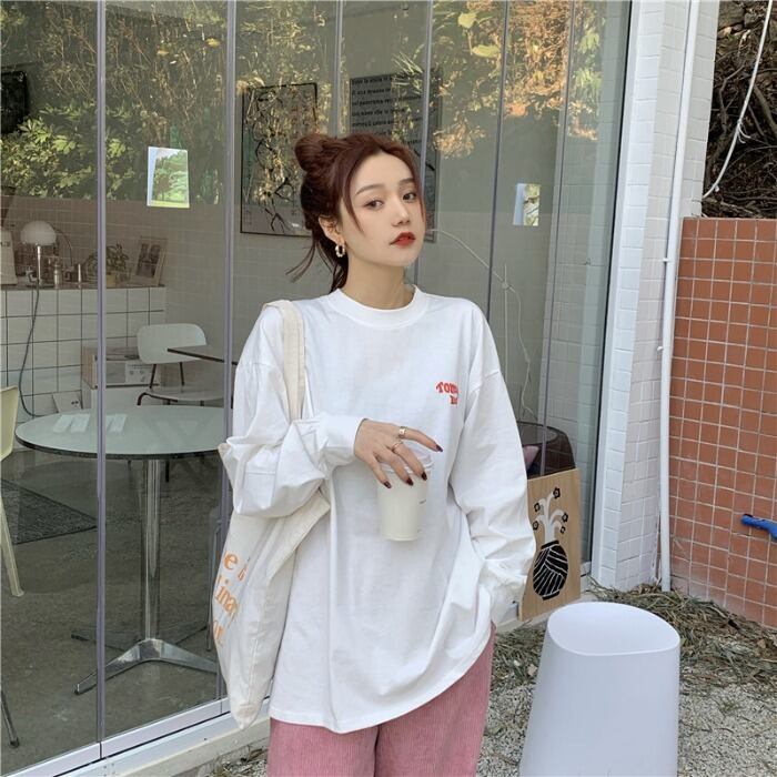 プリントTシャツ スプリングスタイルルーズホワイトトップス ロング 春物 ドラファッションホール64578684052