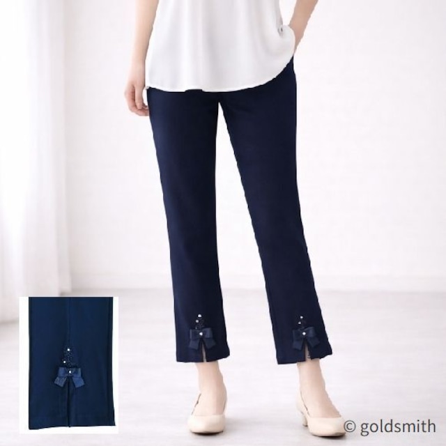 スーパービューティー ストレッチパンツ 裾前スリット リボン付き ウエスト総ゴム きれいめ 美脚 ミセス レディース 2614002 ブラック 2026年春夏 オーラボー Super Beauty 上品 30代 40代 50代 60代