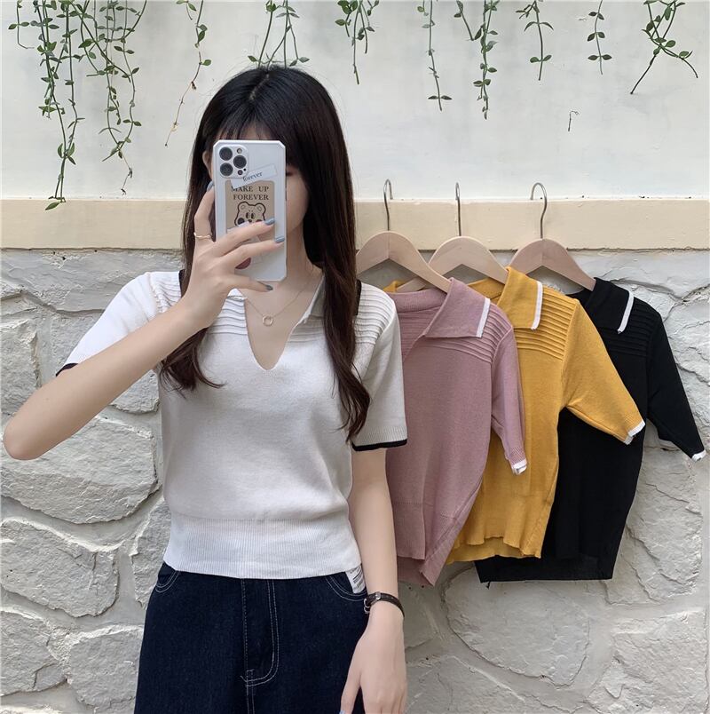 ニットTシャツ サマースタンダードスリム薄手カラートップス レトロ 夏物 クレセントシティ12559348528