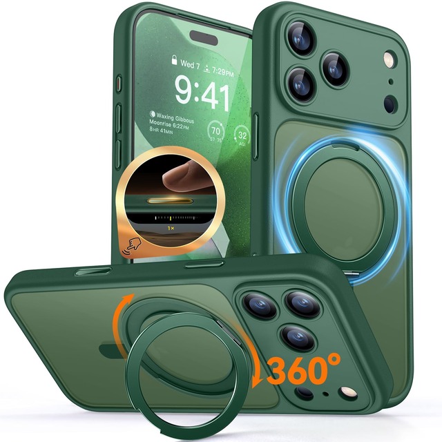 CANSHN iPhone 18 Pro 用 ケース Magsafe対応 360°回転スタンド 縦横多角度対応 カメラ周辺保護 ワイヤレス充電 ディープグリーン