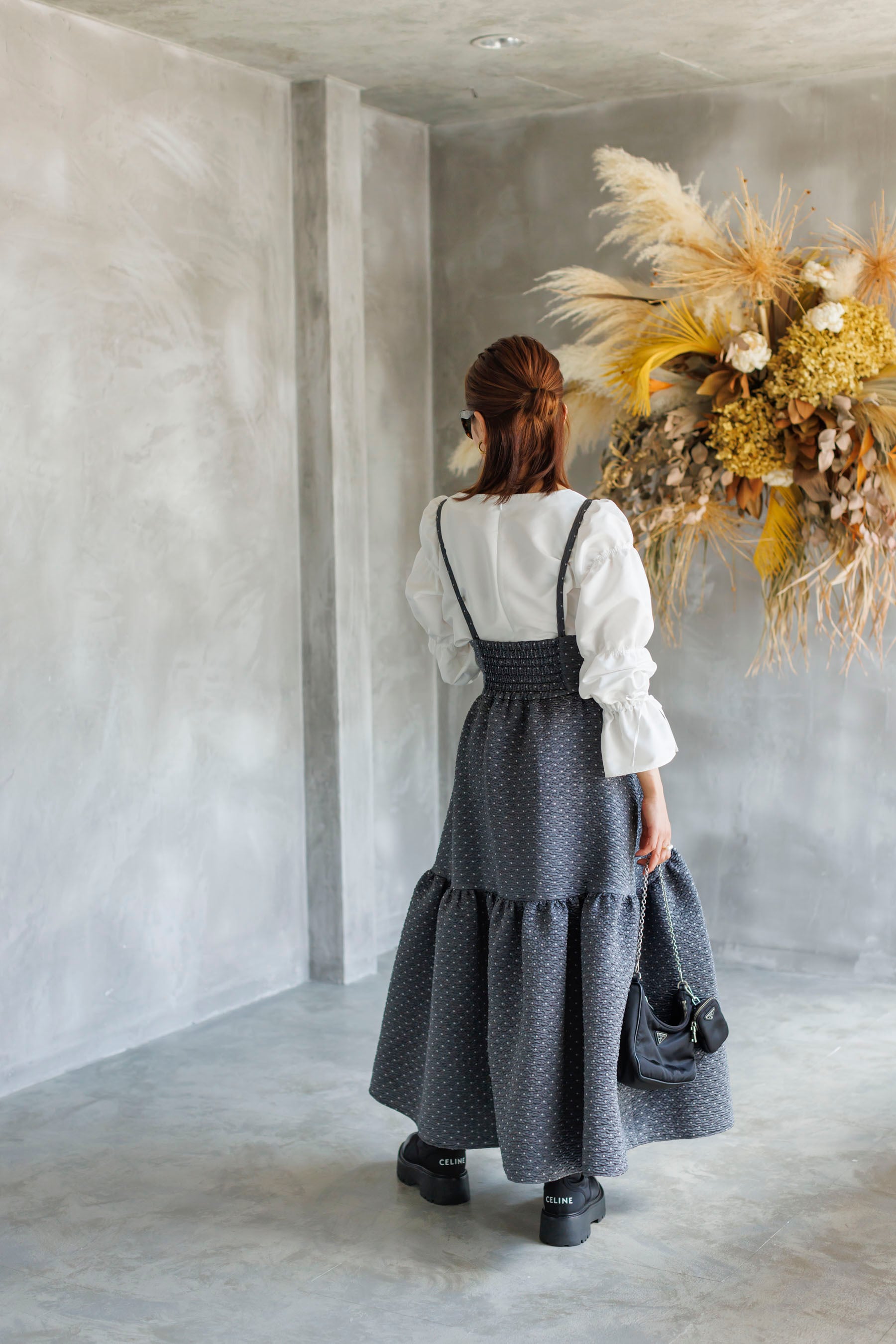 9/29(fri)21:00-Dot Jacquard suspenders skirt | Bluelea