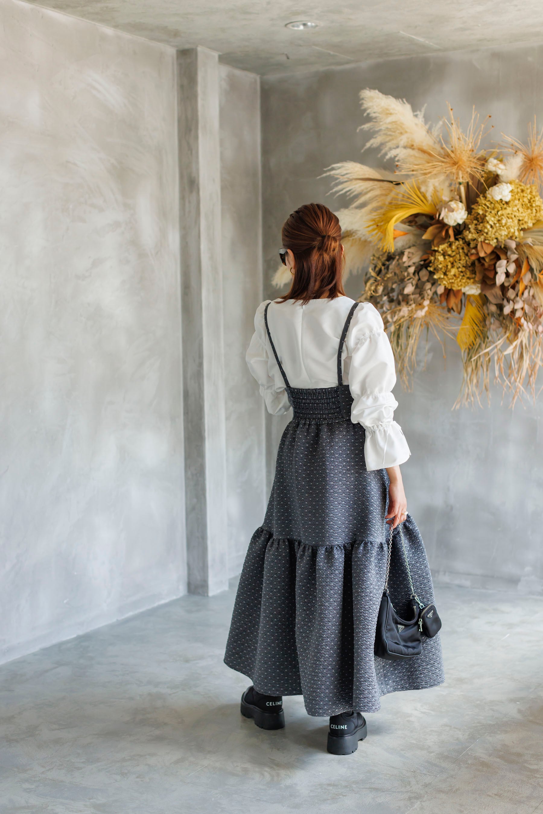 9/29(fri)21:00-Dot Jacquard suspenders skirt | Bluelea 