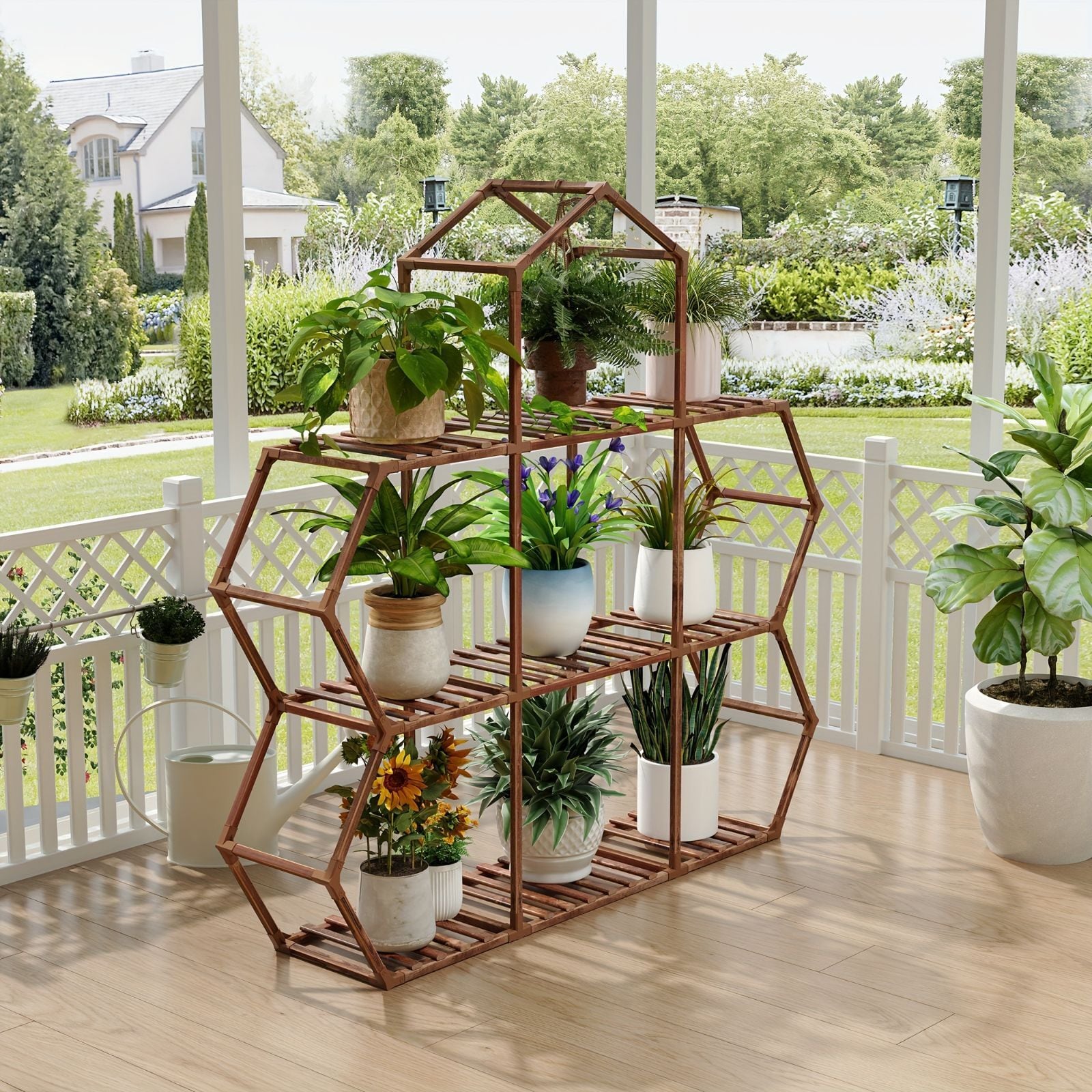六角形植物スタンド 屋内 木製 屋外 植物用棚9個 鉢植えはしご 植物ホルダー 六角形植物スタンド 屋内 木製 屋外 植物用棚9個 鉢植えはしご