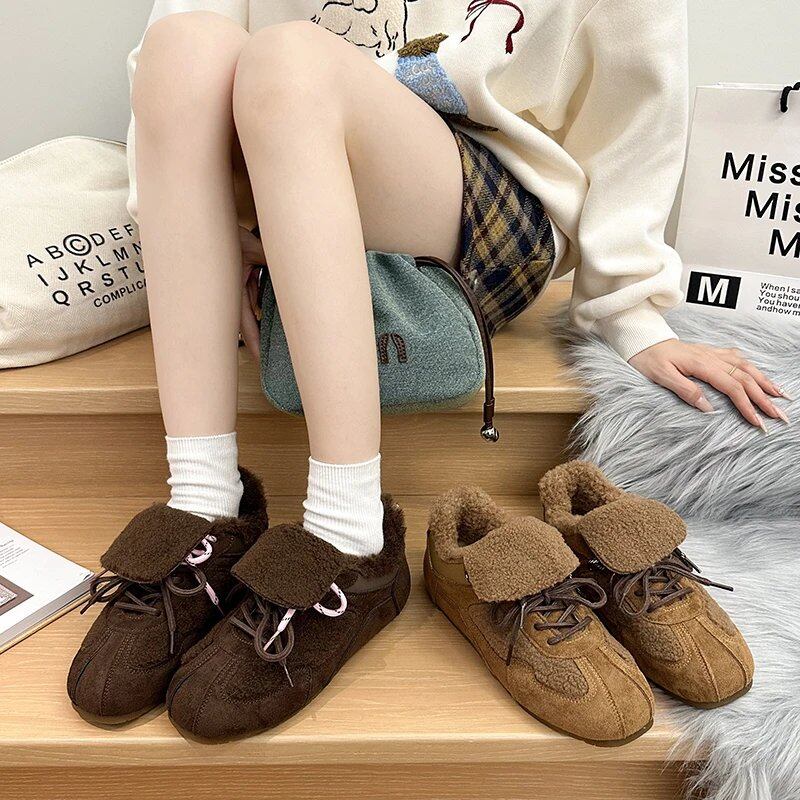 レディースウィンタースポーツシューズ2025新作滑り止めドイツ製トレーニングシューズレディース大きいサイズフラットボトムレディースプラッシュコットンシューズ