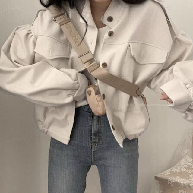 全2色 アイボリー/カーキ アーミー レディース トレンド ショートジャケット カジュアル 春秋