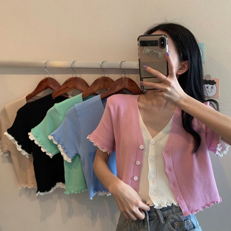 2020年夏の新しい女性用Vネックショートクロップドアンビリカルフェイクツーピースニットシングルブレスト半袖フレンチトップ 1号婦人98480112109