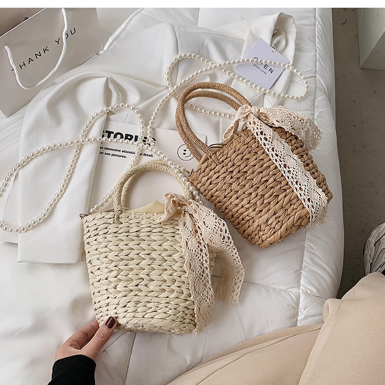 カゴ バッグ 巾着 ショルダー パール リボン レース お出かけ 夏 きれいめ カジュアル 大人可愛い 韓国ファッション Luluca 韓国 トレンドファッションluluca ルルカ