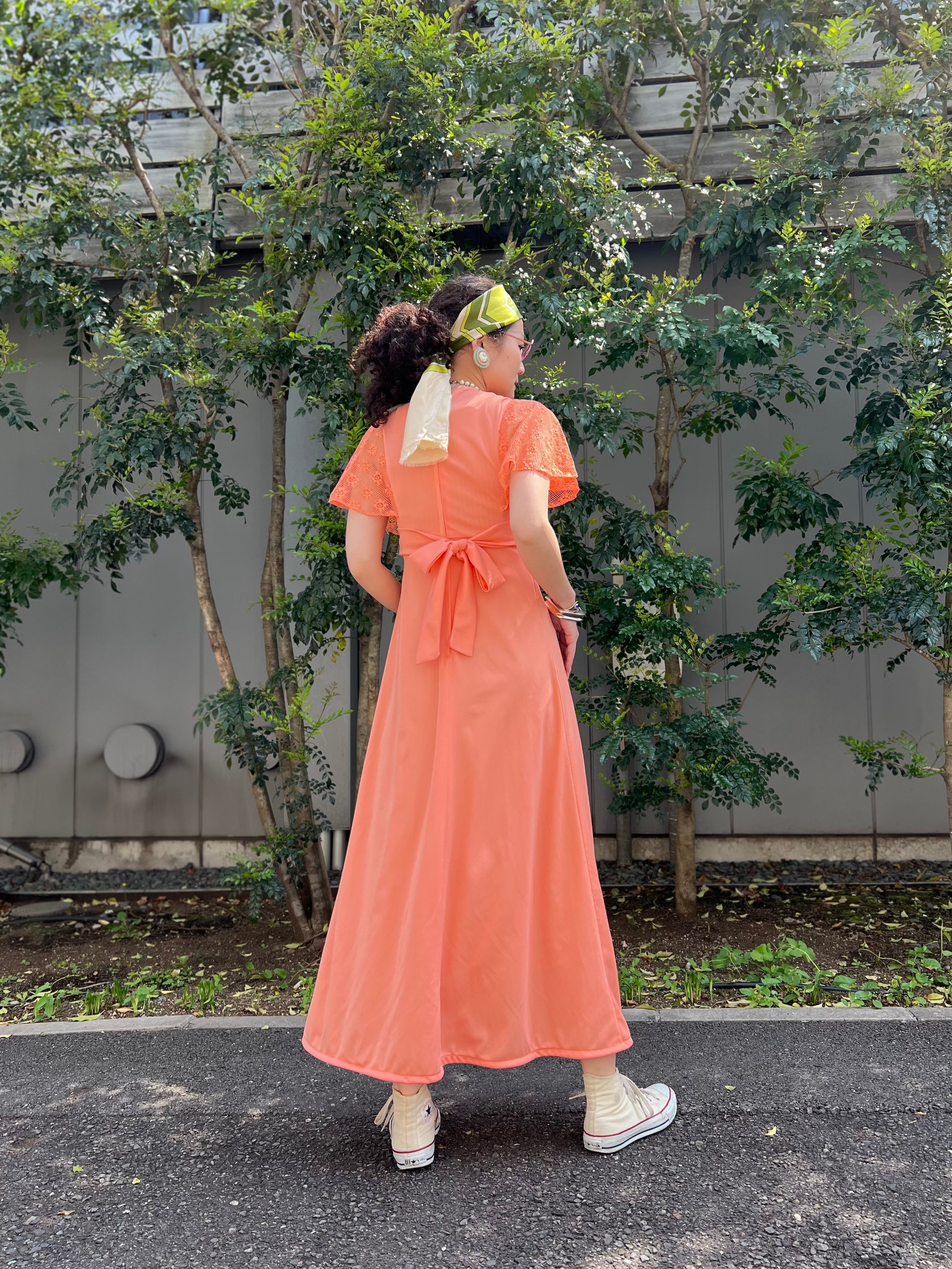 70s salmon pink × floral mesh poly dress ( ヴィンテージ 70s salmon pink × floral mesh poly dress ( ヴィンテージ