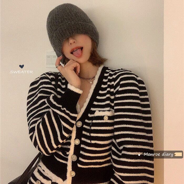 スタンダードストライプセーター ジャケット レディーススプリングルーズVネックニットカーディガントップス レトロ 春物 モンロー2306177683