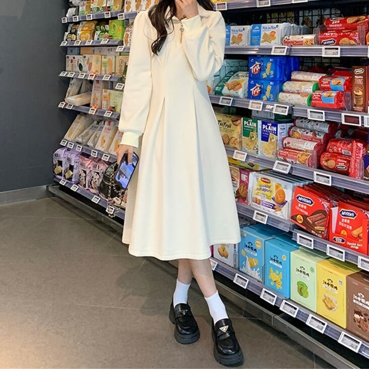 ワンピース レディース スウェットワンピース フロントジップアップ ボックスプリーツ 長袖 2色 ジップ ミモレ丈 タック ハイウエスト フレア ジッパー 体型カバー クール 抜け感 上品 楽ちん 送料無料 カジュアル スタイルアップ OL 学生 きれいめ シンプル おしゃれ ガーリー ナチュラル レトロ フェミニン 大人可愛い 大人女子 着やせ ゆったり デート お出かけ 女子会 サイズ展開豊富 プチプラ イベント 旅行 10代 20代 30代 40代 コーデ 定番 インスタ映え 女っぽ 大人っぽ