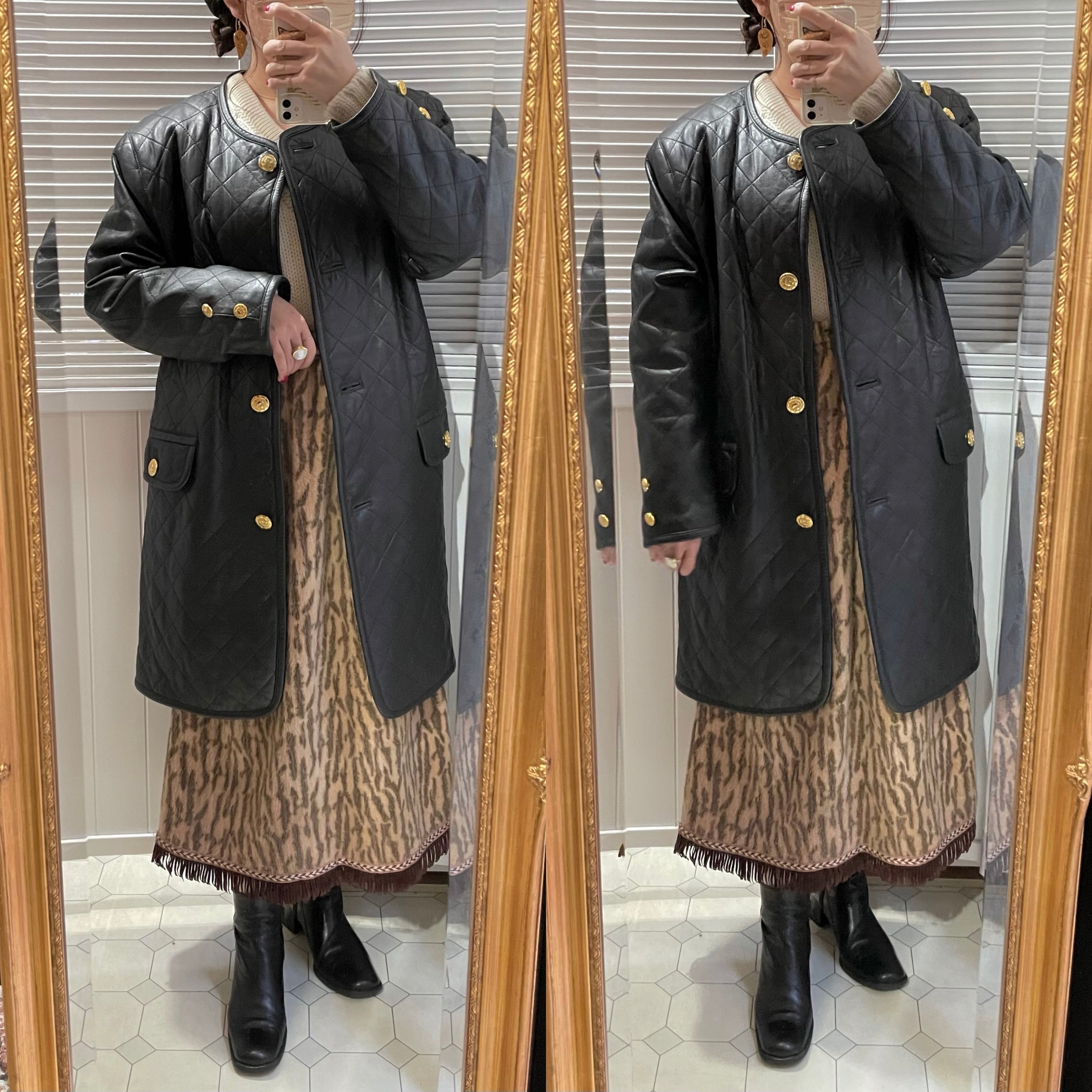 quilt real leather collarless coat 〈レトロ古着 キルトリアルレザー