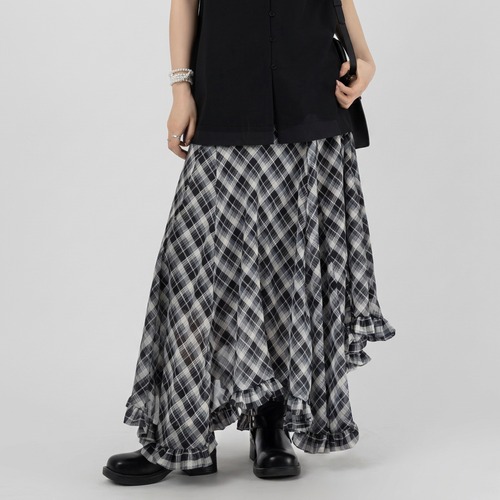 チェック柄 フリル裾 ロングスカート   2colors  26035 画像
