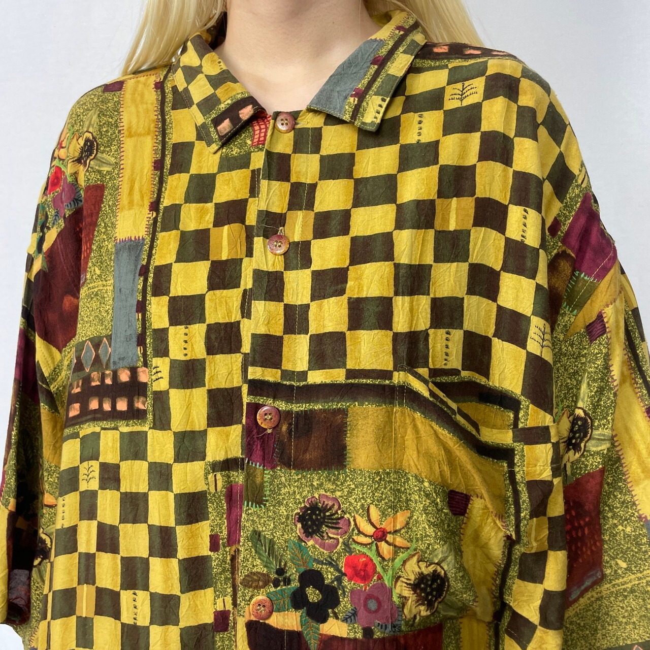 USA製 90年代 JAMS WORLD レーヨン 総柄シャツ メンズ2XL 古着 アート 