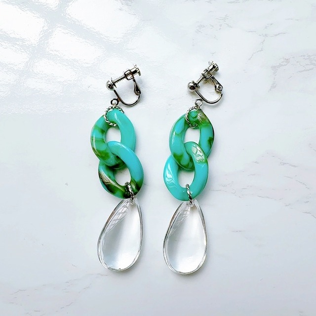 ターコイズチェーンｘクリアしずくチャームイヤリング・ピアス