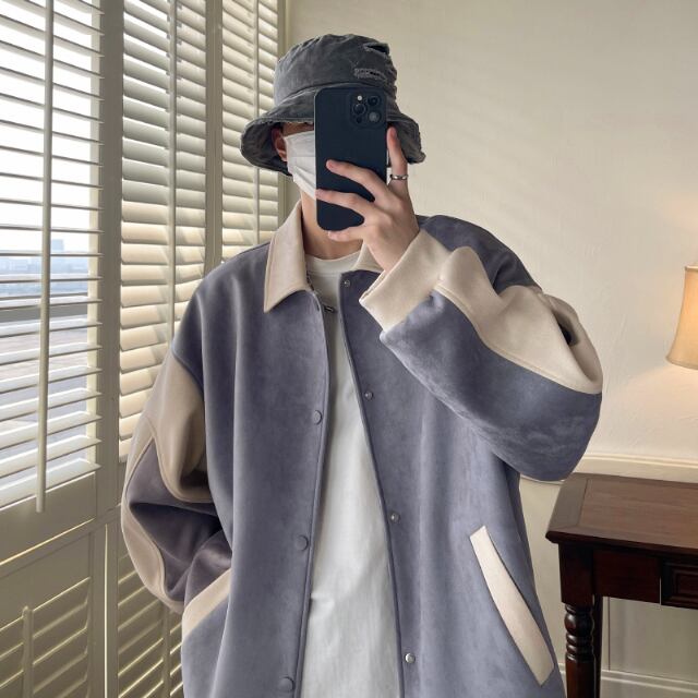 【予約販売】ブルゾン アウター スエード ジップアップ 無地 ツートン バイカラー ブラック グレー 防寒 ジャケット ベーシック メンズ カジュアル 男前 こなれ感 お洒落 韓国 トレンド 秋 冬 M/L/XL/2XL