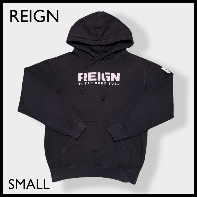 【REIGN】エナジードリンク アドバタイジング ロゴ プリント パーカー スウェット プルオーバー フーディー S US古着