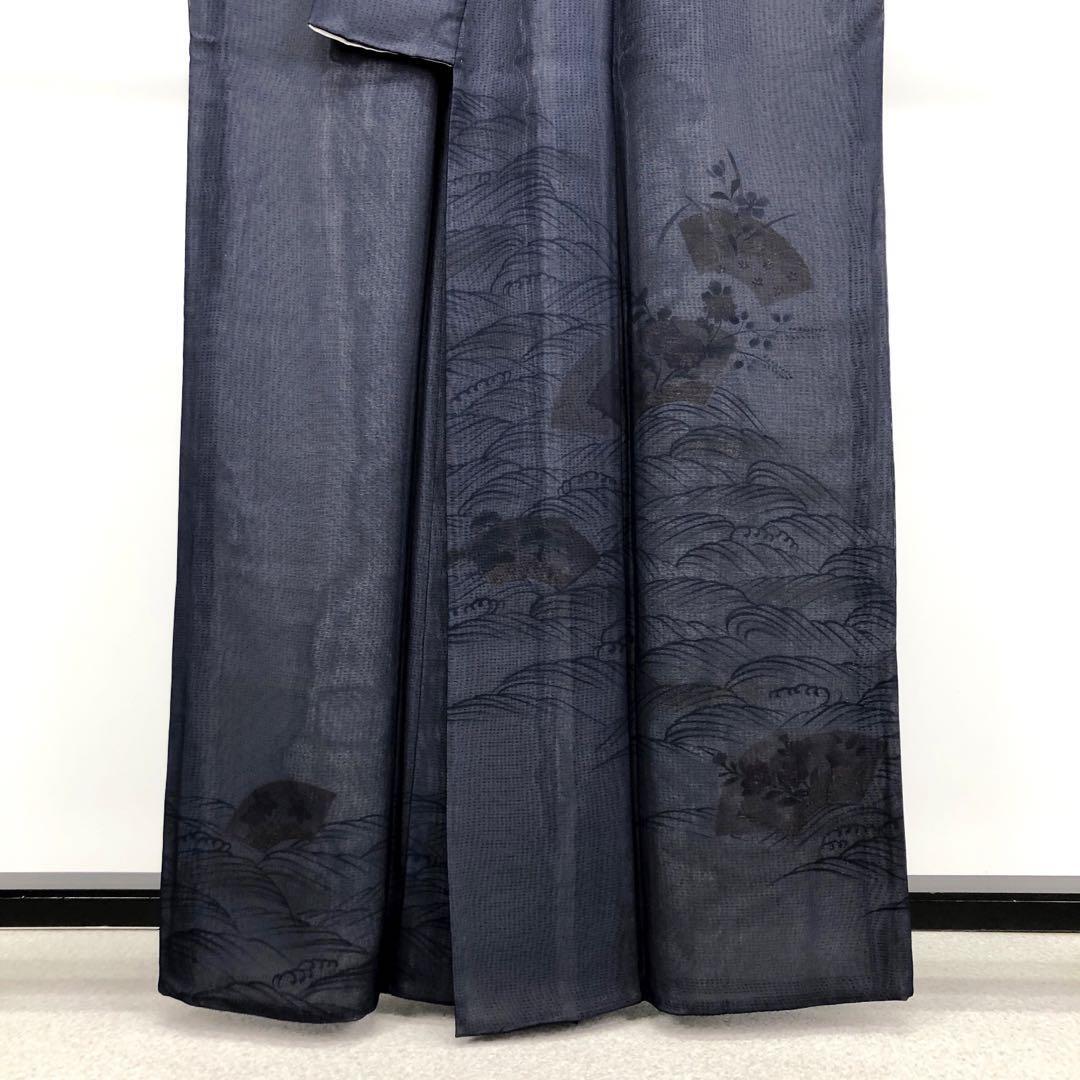 K-3012 紗袷 付下げ 地紙に花柄 波模様 紺色 | リユース着物専門店 わびさび