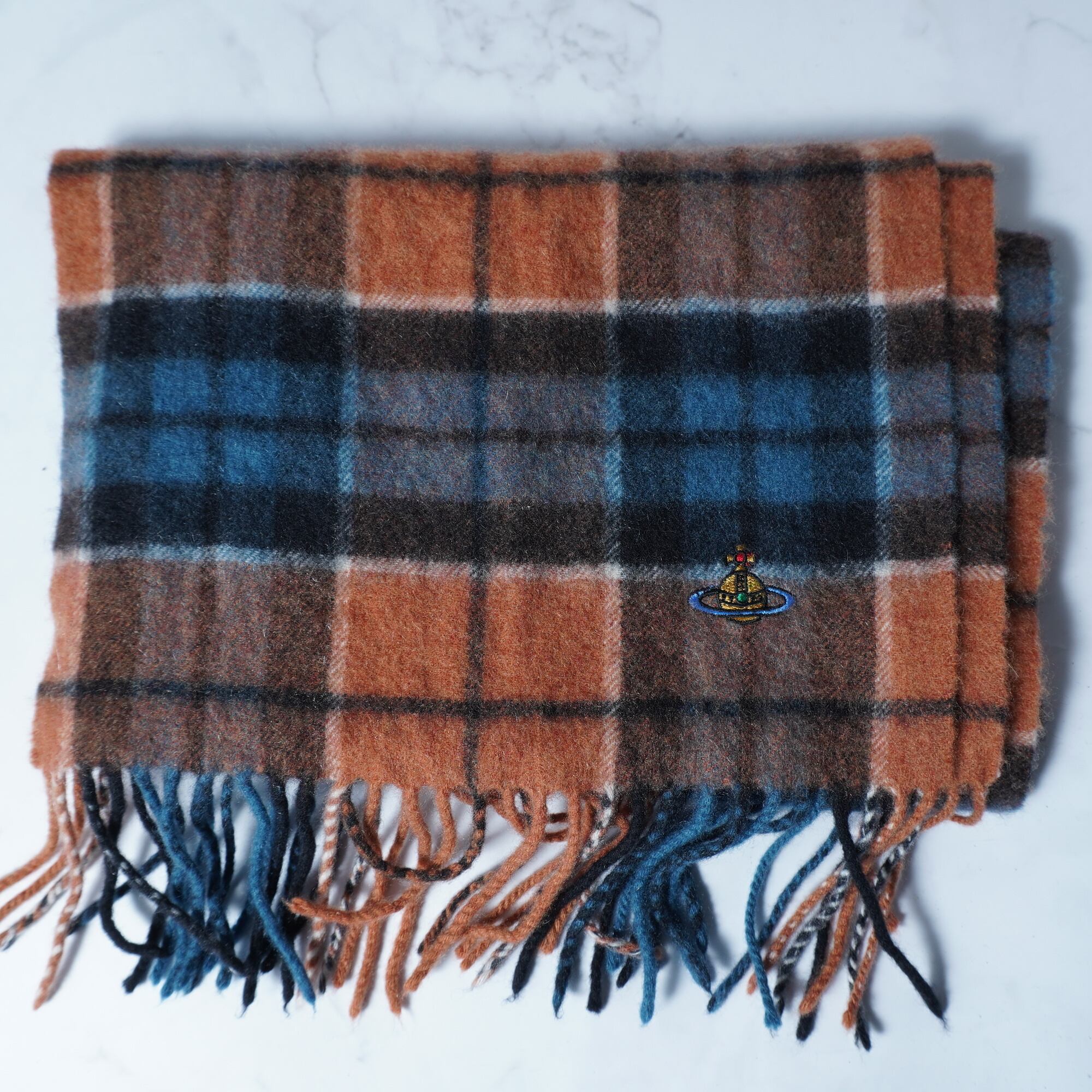 ヴィヴィアンウエストウッド カシミヤ タータンチェックマフラー オーブロゴ刺繍 Vivienne Westwood】ヴィヴィアンウエストウッド オーブロゴ刺繍