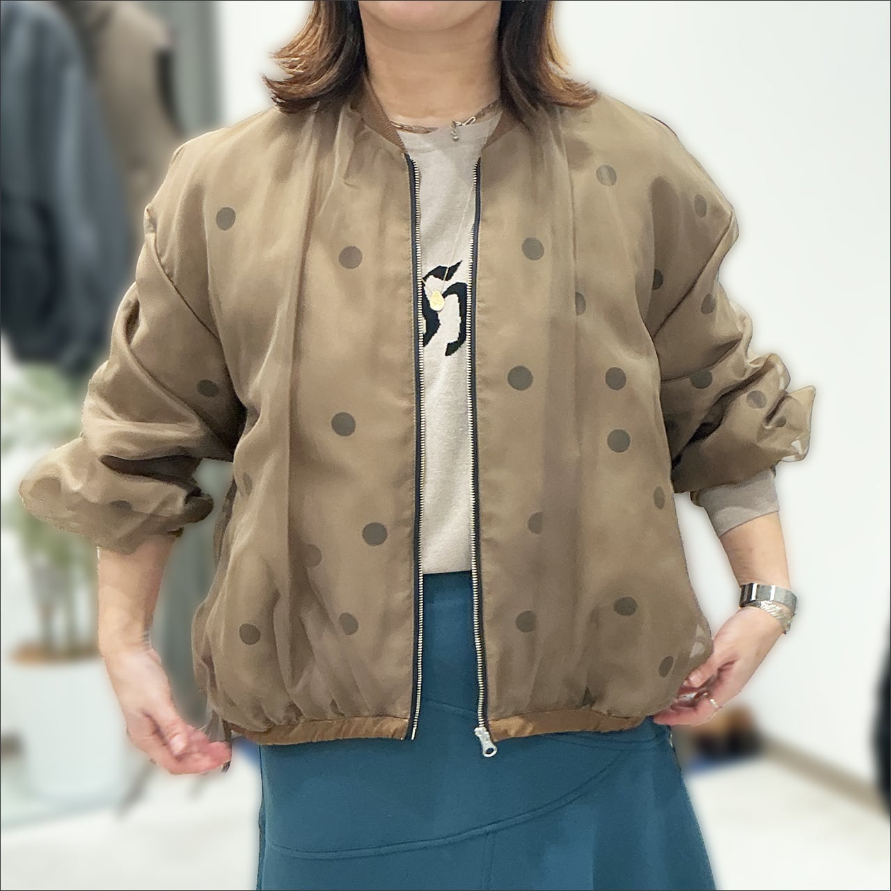 Lallia Mu オーガンジーラップドットブルゾン (ブラウン)