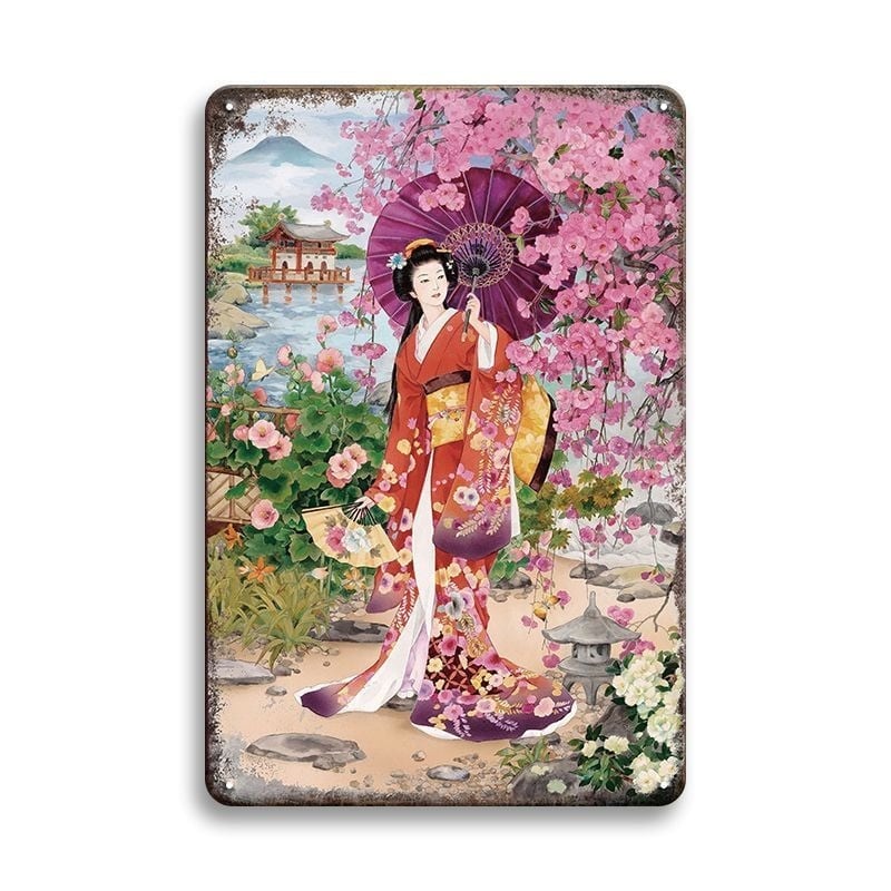 ブリキ看板 和風 美人画 着物 桜 和装 ポスター インテリア 縦型