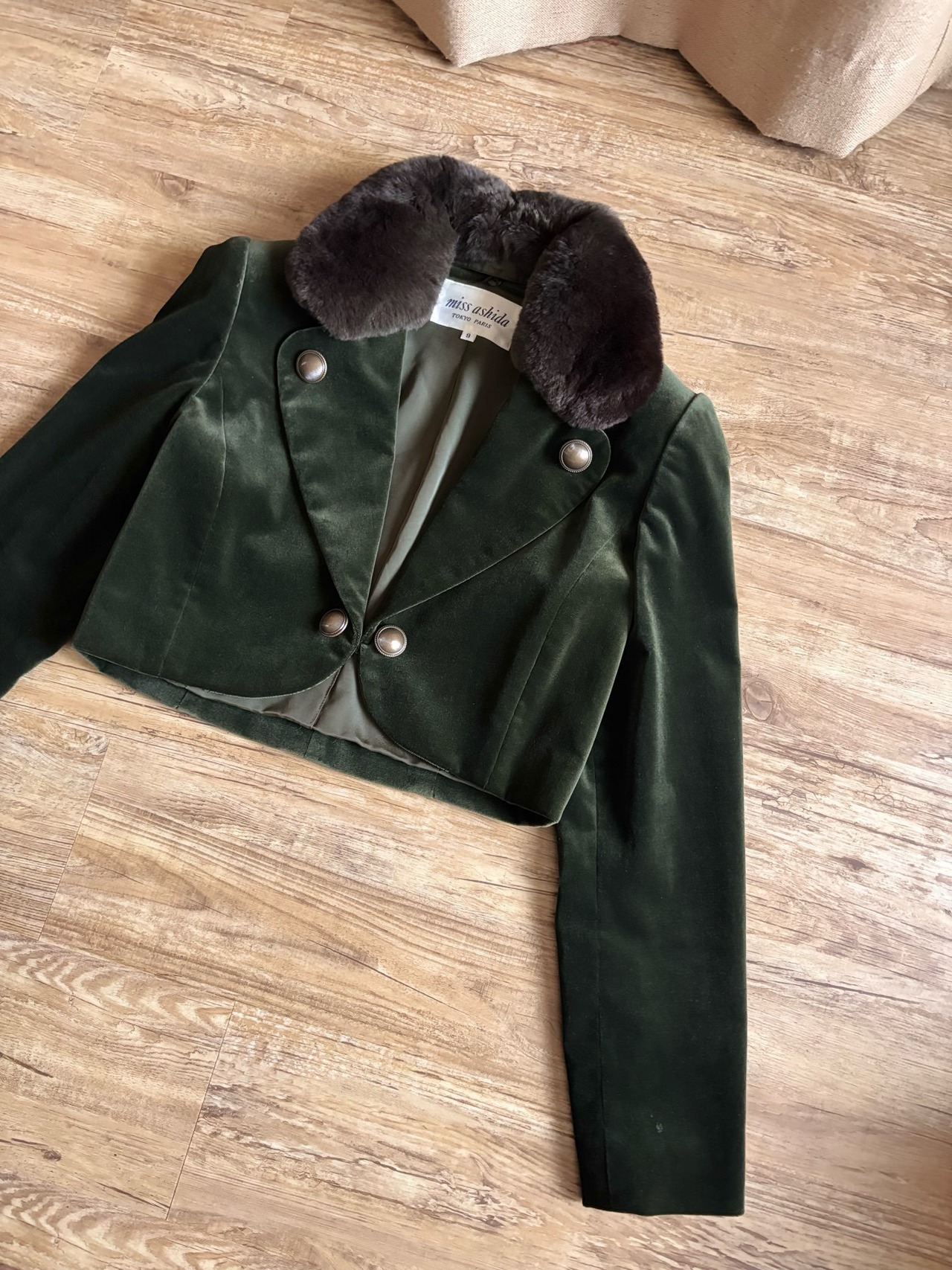 olive green velour short jacket-5009-10
