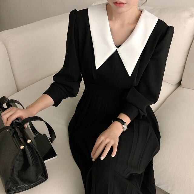 ワンピース レディース ロングワンピ プリーツ ビッグカラー 長袖 モノトーン シンプル おしゃれ フォーマル 卒業式 卒園式 入学式ブラック S/M/L