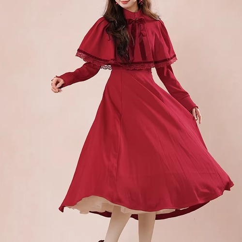 【2点セット】2色／フレアワンピース＋リボンレースケープ ・74692