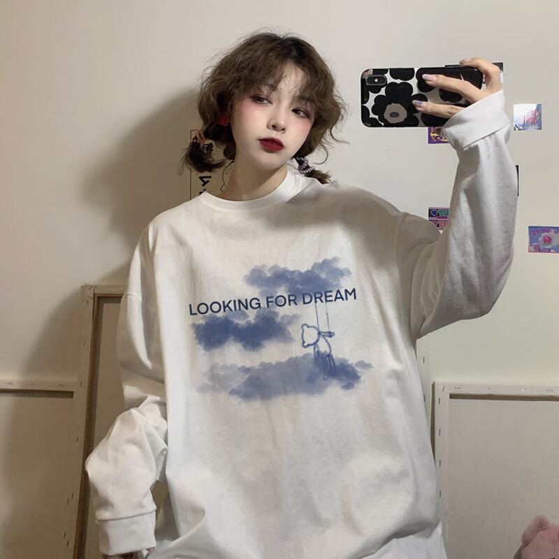 ラウンドネックプルオーバー ホワイトTシャツ シャツ スプリングルーズ薄手トップス ロング 春物 Oネック 試着室49107621215