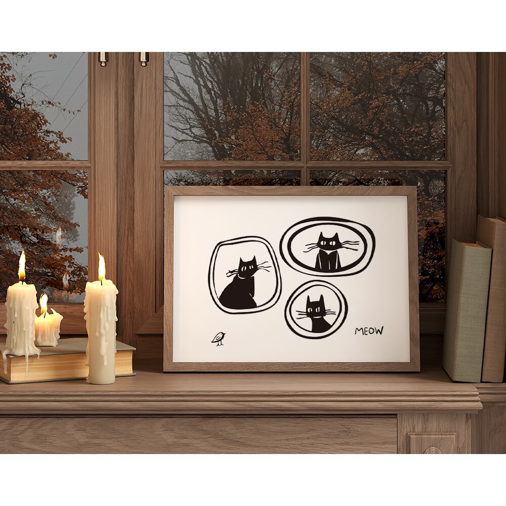 黒ねこのポスター 横型 / i1506 / ハロウィンの黒猫と魚やねずみ、小鳥 インテリアポスター