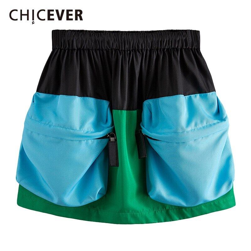 CHICEVERパッチワークポケットスカート女性レースアップヒットカラーラージサイズミニスカート2020スタイルタイド 大きめサイズ 6base584778179515