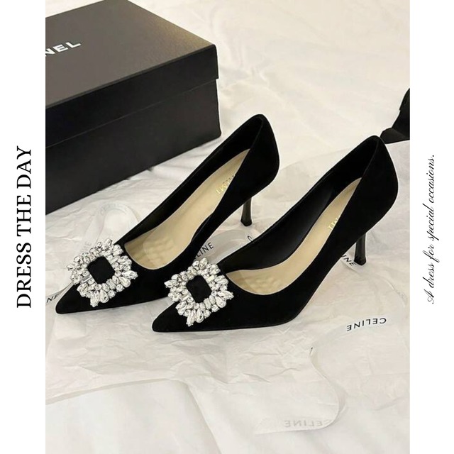 ラインストーンバックルパンプス W0113