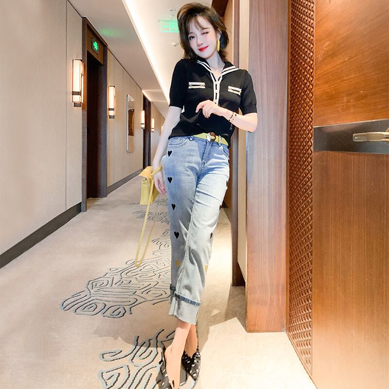 ストライプニット ジーンズ セット サマー レッド 刺繍 夏物 MIUCO31526463819