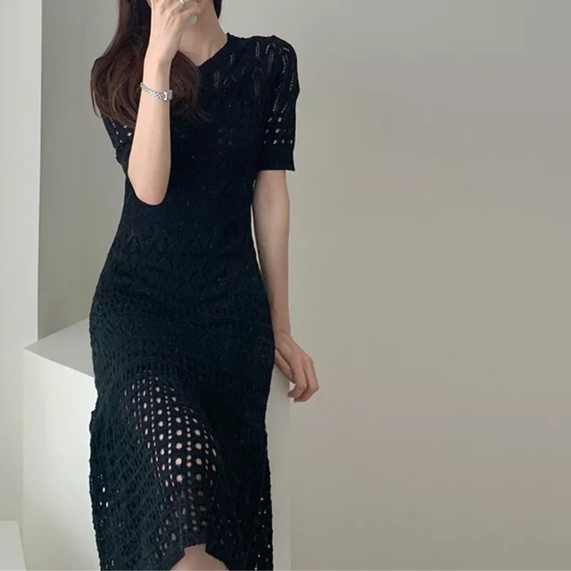 サマーニット マーメイドライン ワンピース-ブラック